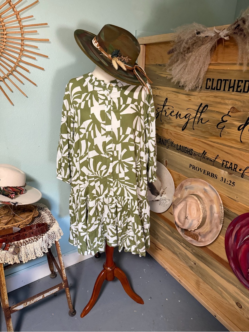 Olive Green & White Floral Tiered Mini Dress